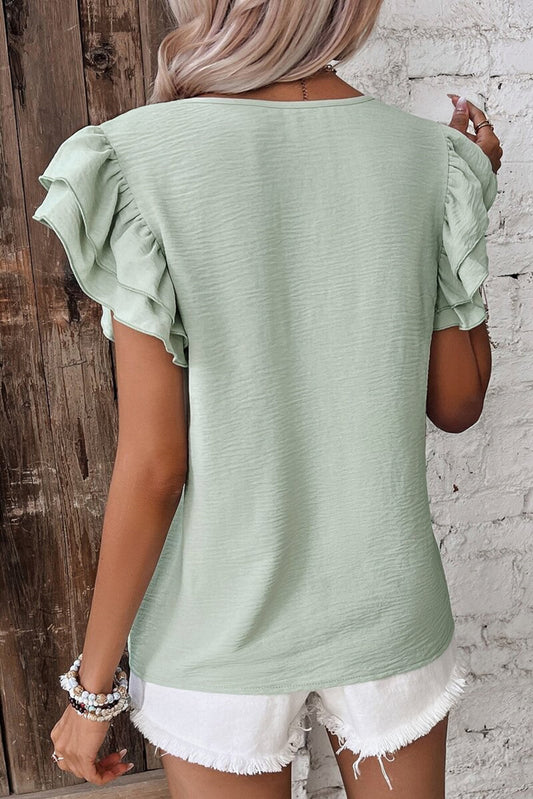 Clearly Aqua Solid Color Ruffled Short Sleeve Casual Blouse - Snoopy's Closet