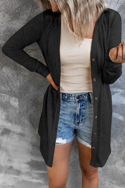 Black Solid Color Open-Front Buttons Cardigan - Snoopy's Closet