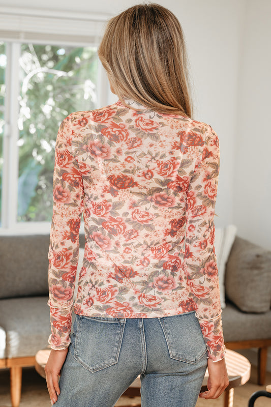White Retro Floral Print Mock Neck Mesh Long Sleeve Top - Snoopy's Closet