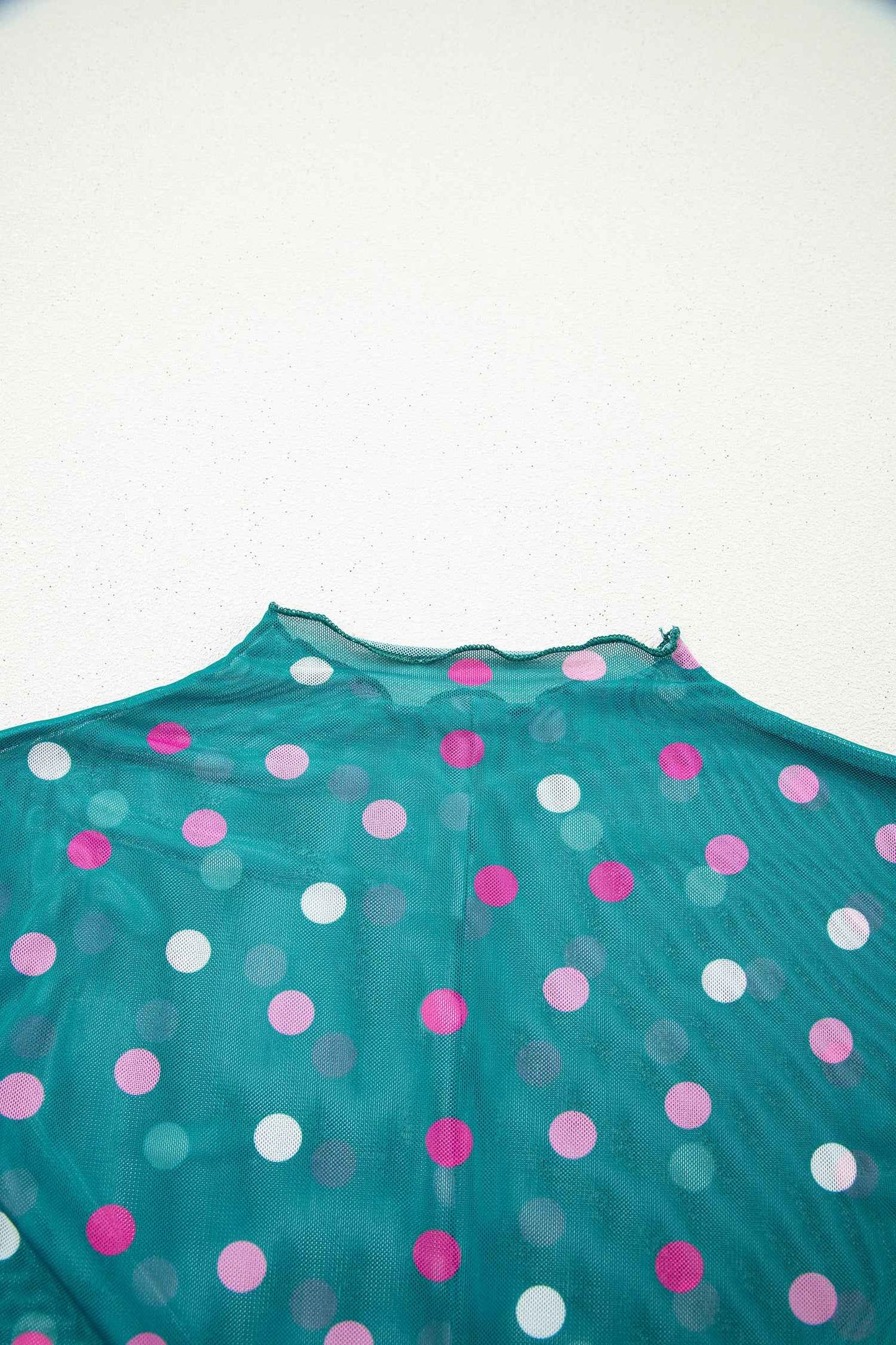 Red Polka Dot Patterned Bodycon Mock Neck Mesh Long Sleeve Top