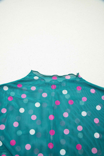 Red Polka Dot Patterned Bodycon Mock Neck Mesh Long Sleeve Top