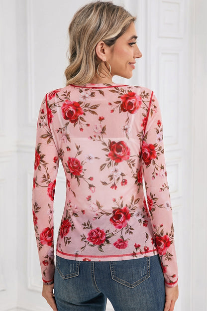Pink Floral Print Exposed Seam Detail Mesh Long Sleeve Top - Snoopy's Closet