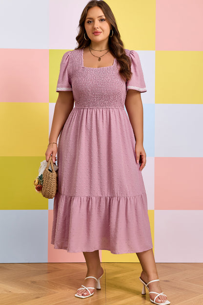 Vestido Midi Fluido Rosa Talla Grande con Manga Corta, Puntos Suizos y Cintura Fruncida