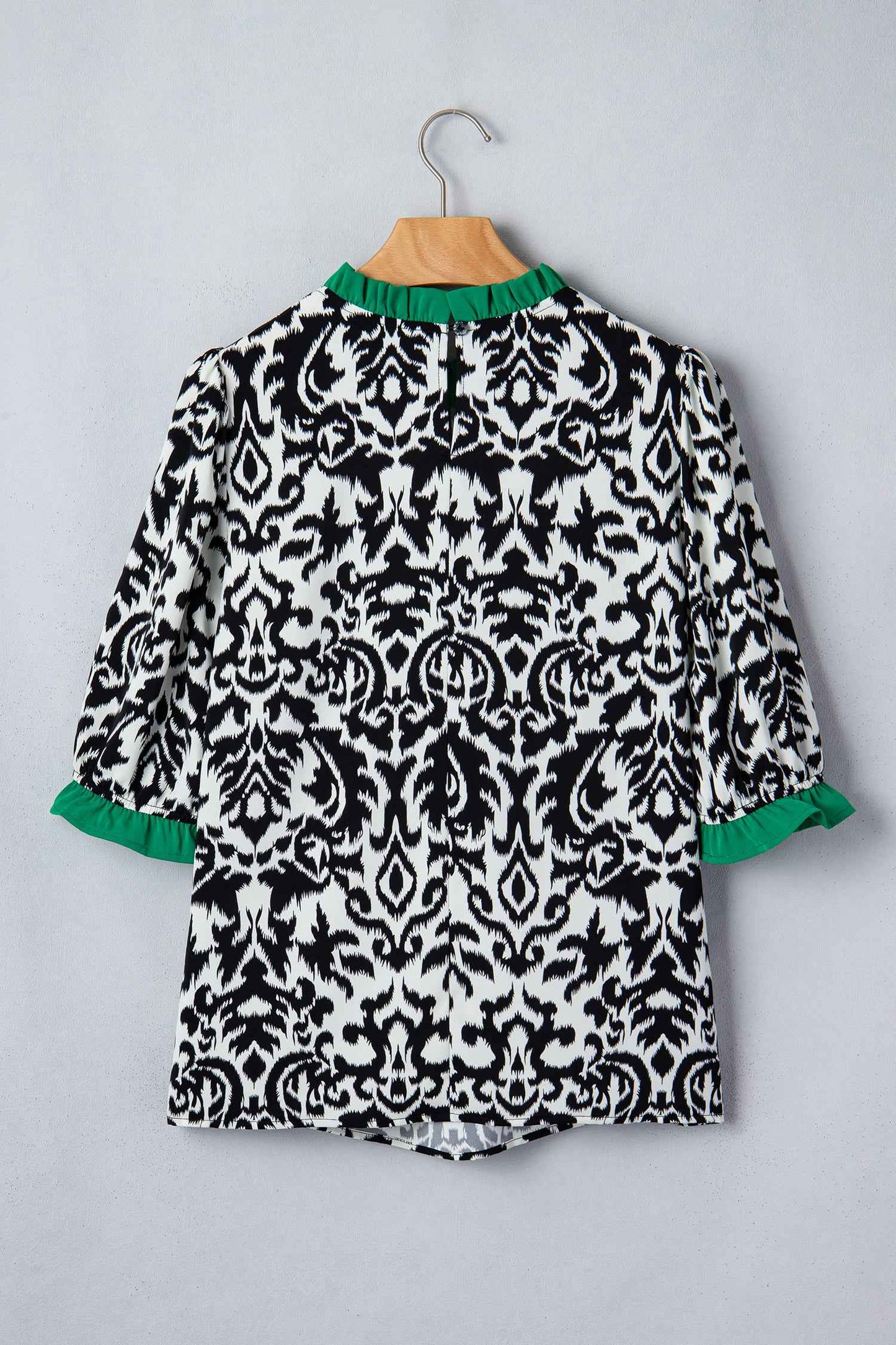 Green Damask Print Ruffled Color Block Detail Half Sleeve Blouse