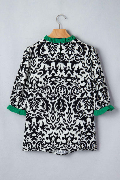 Green Damask Print Ruffled Color Block Detail Half Sleeve Blouse