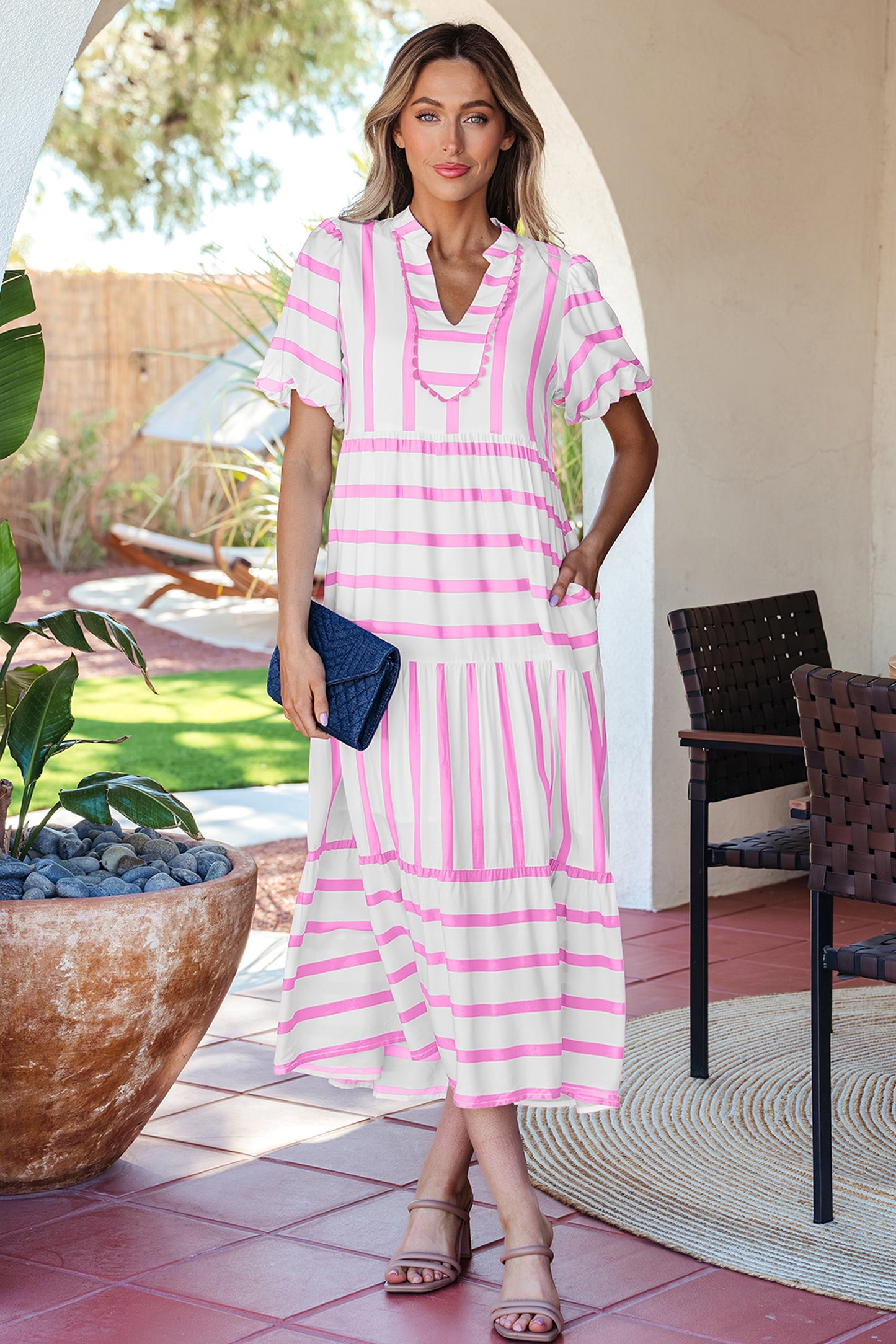 Pink Stripe Ricrac Trim Notched Neck Half Sleeve Vacation Dress - Snoopy's Closet