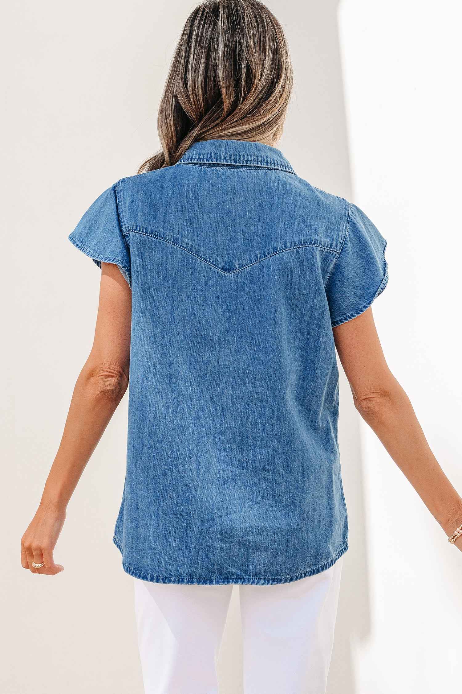 Dusk Blue Ruffled Short Sleeve Denim Shirt