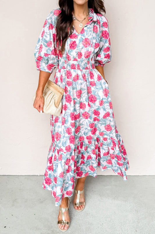 Vestido midi elegante rojo con manga abullonada y estampado floral