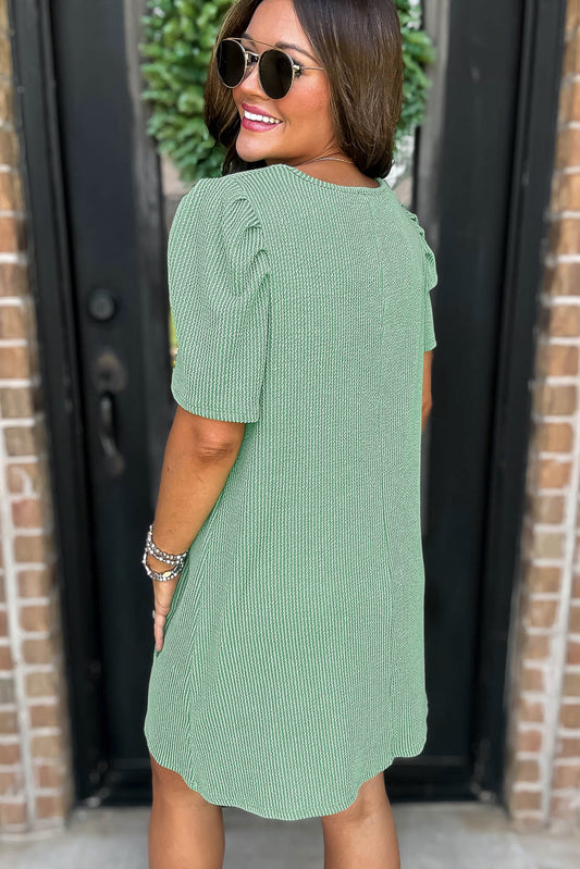 Mint Green Corded Knit Crew Neck Puff Sleeve Shift Mini Dress - Snoopy's Closet