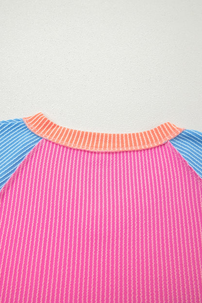 Rose Red Color Block Twisted Ribbed Tee