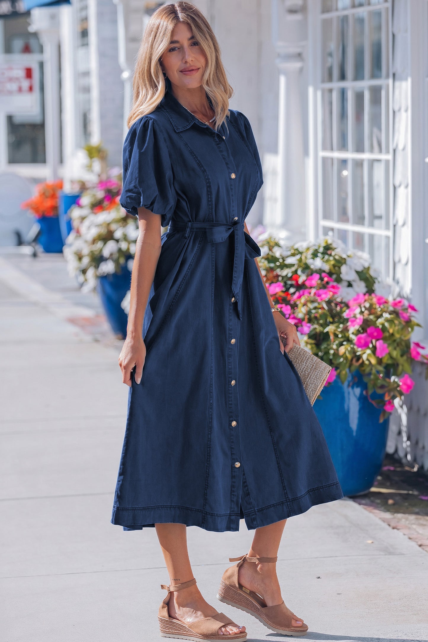 Sail Blue Full Buttons Collared Short Bubble Sleeve Long Denim Dress - Snoopy's Closet