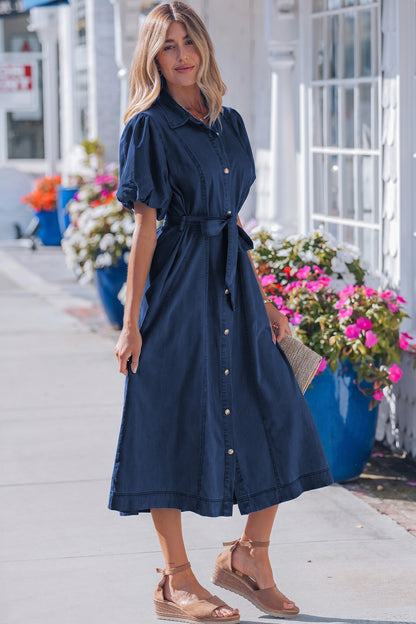 Sail Blue Full Buttons Collared Short Bubble Sleeve Long Denim Dress - Snoopy's Closet