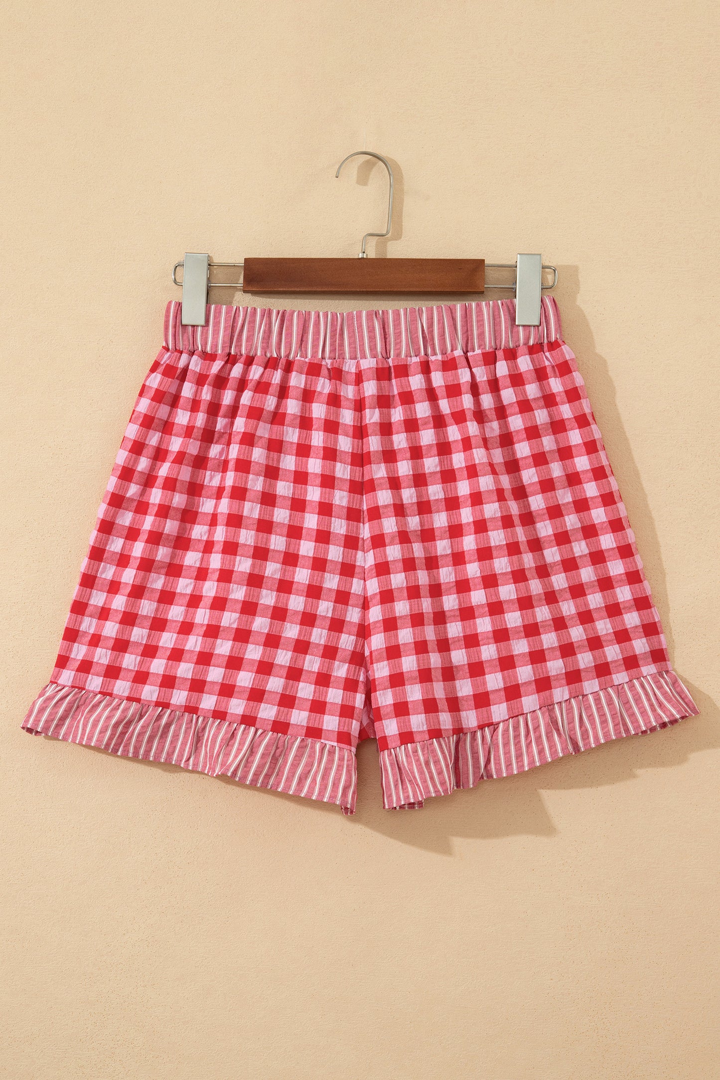 Red Gingham Print Ruffle Striped Detail Lace Tie Shorts - Snoopy's Closet
