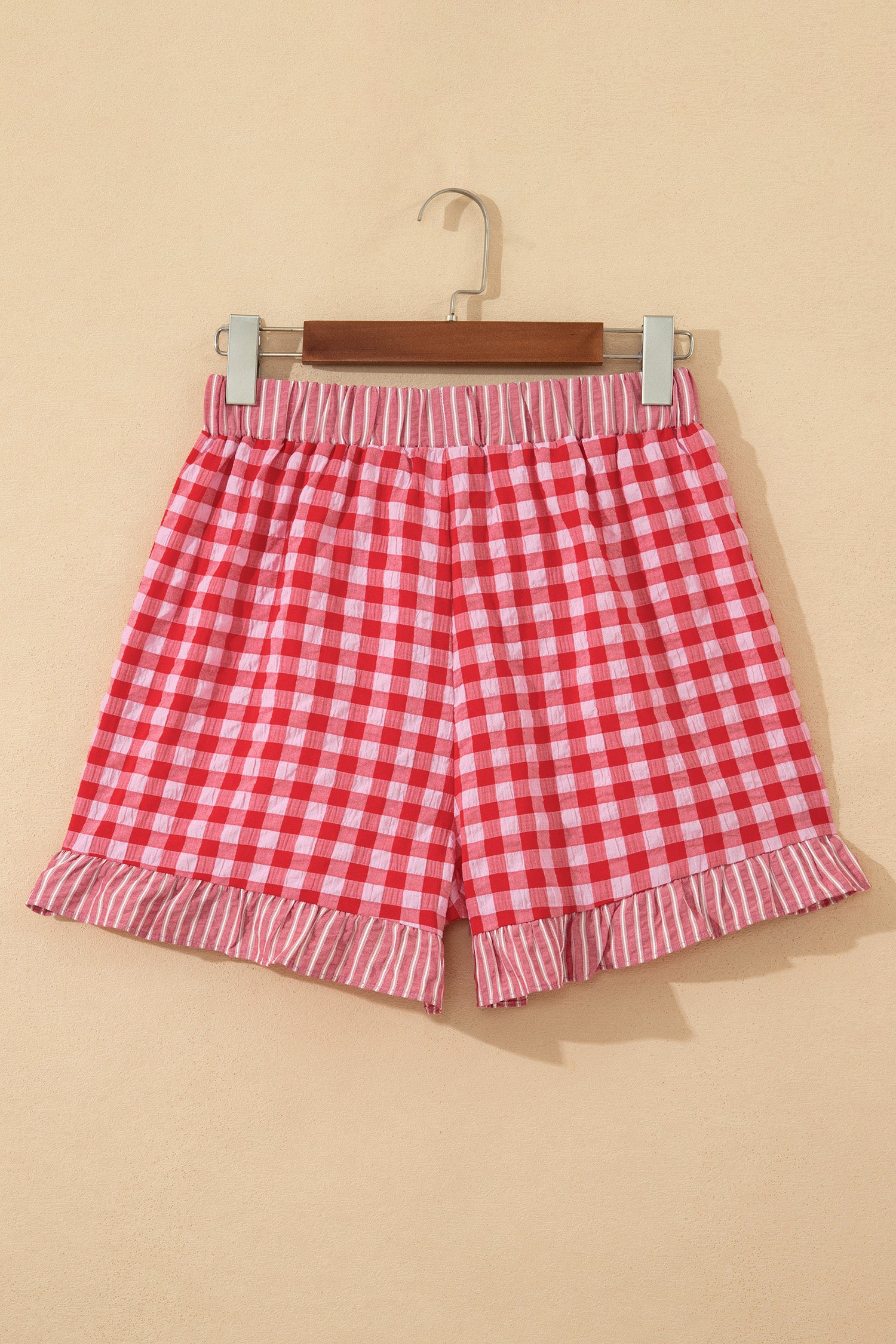 Red Gingham Print Ruffle Striped Detail Lace Tie Shorts - Snoopy's Closet