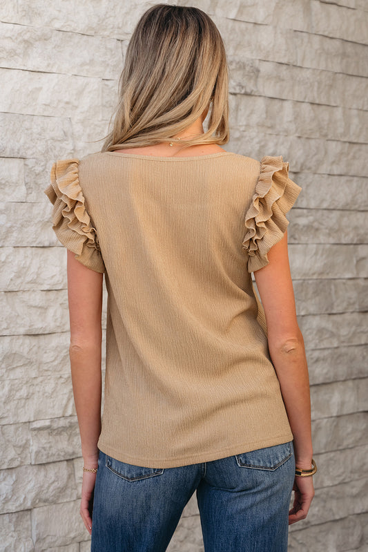 Smoke Gray Ruffled Tiered Sleeve Square Neck Textured Top - Snoopy's Closet