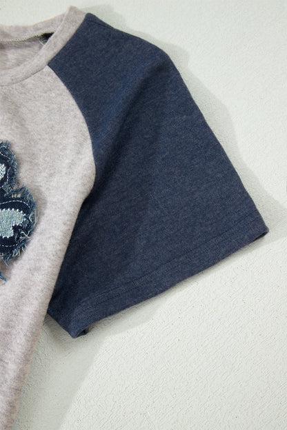 Dark Blue Floral Patchwork Colorblock Raglan Sleeve T Shirt