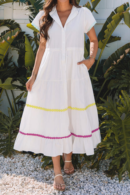 White Colorblock Rickrack Trim Short Sleeve Drawstring Waist Long Dress - Snoopy's Closet