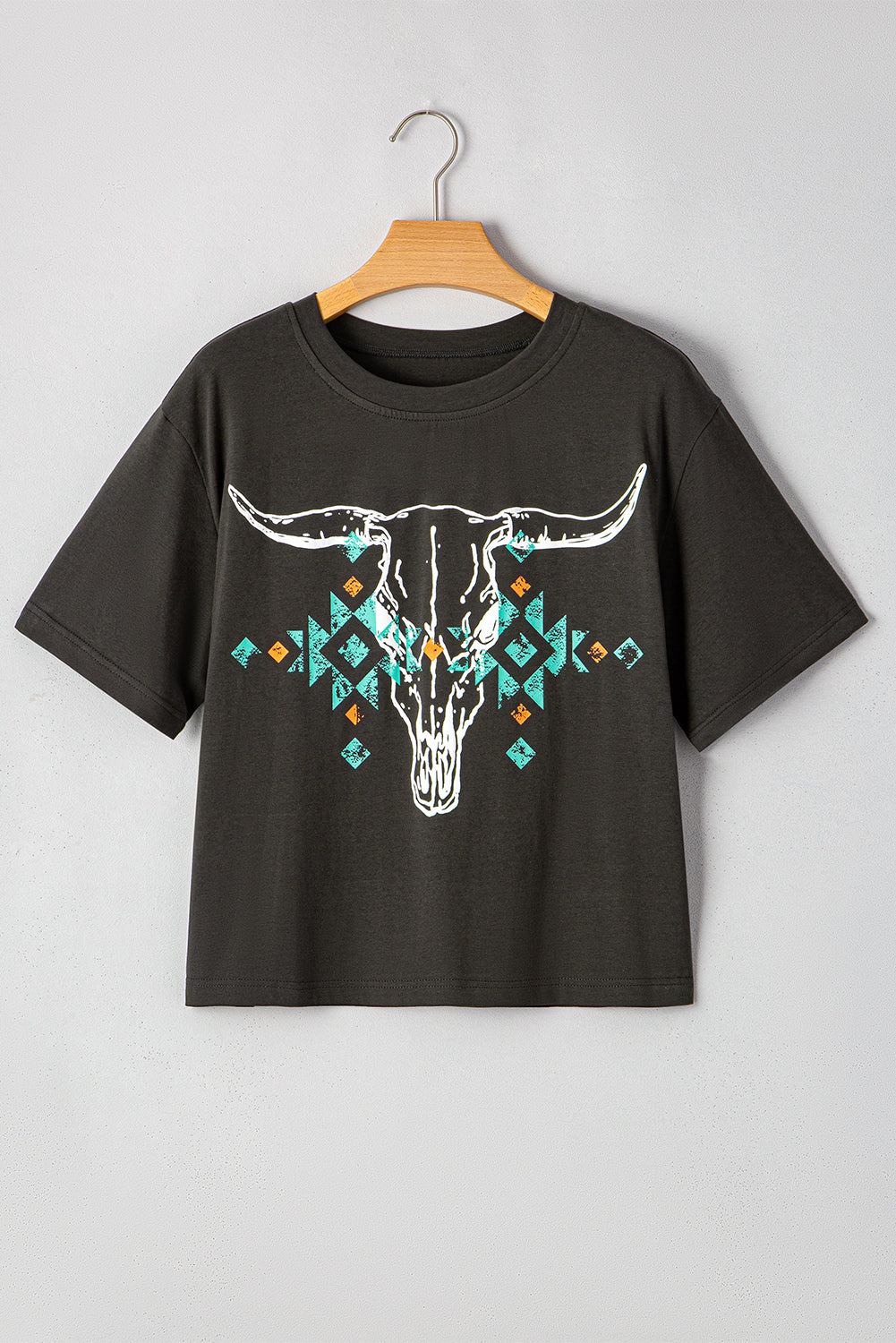 Carbon Grey Vintage Western Bull Head Skull Turquoise Aztec Graphic T Shirt - Snoopy's Closet