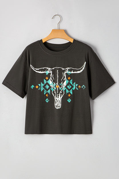 Carbon Grey Vintage Western Bull Head Skull Turquoise Aztec Graphic T Shirt - Snoopy's Closet