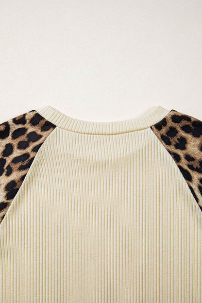 Apricot Ribbed Color Block Leopard Contrast Sleeve Loose Tee