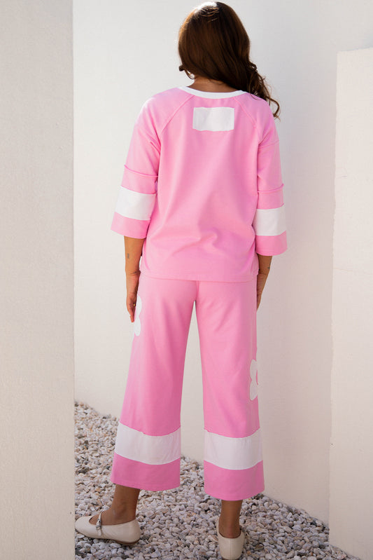 Orchid Bouquet Big Flower Patched Raw Seam Color Block 2 Piece Loose Pant Set - Snoopy's Closet