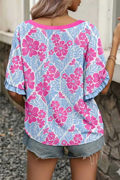 Blusa de Media Manga con Estampado Floral de Rosas y Volantes en Bloques de Color