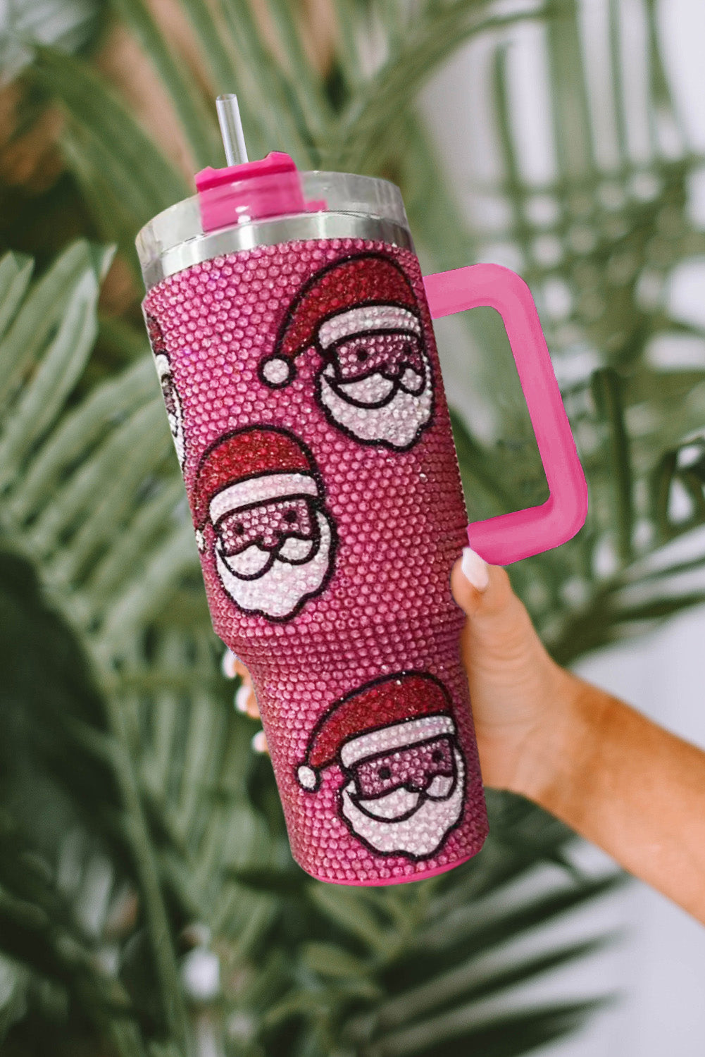 Vaso Termo Diamantado de Papá Noel de Navidad Rojo Rosa con Pajita de 40oz
