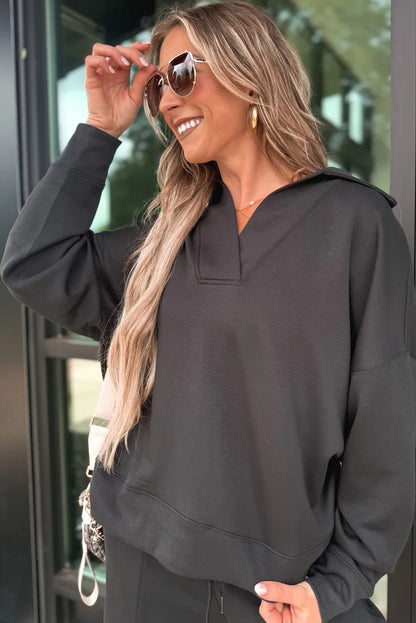 Bristol Black Collared V Neck Pullover Sweatshirt Sweatpants Set - Snoopy's Closet