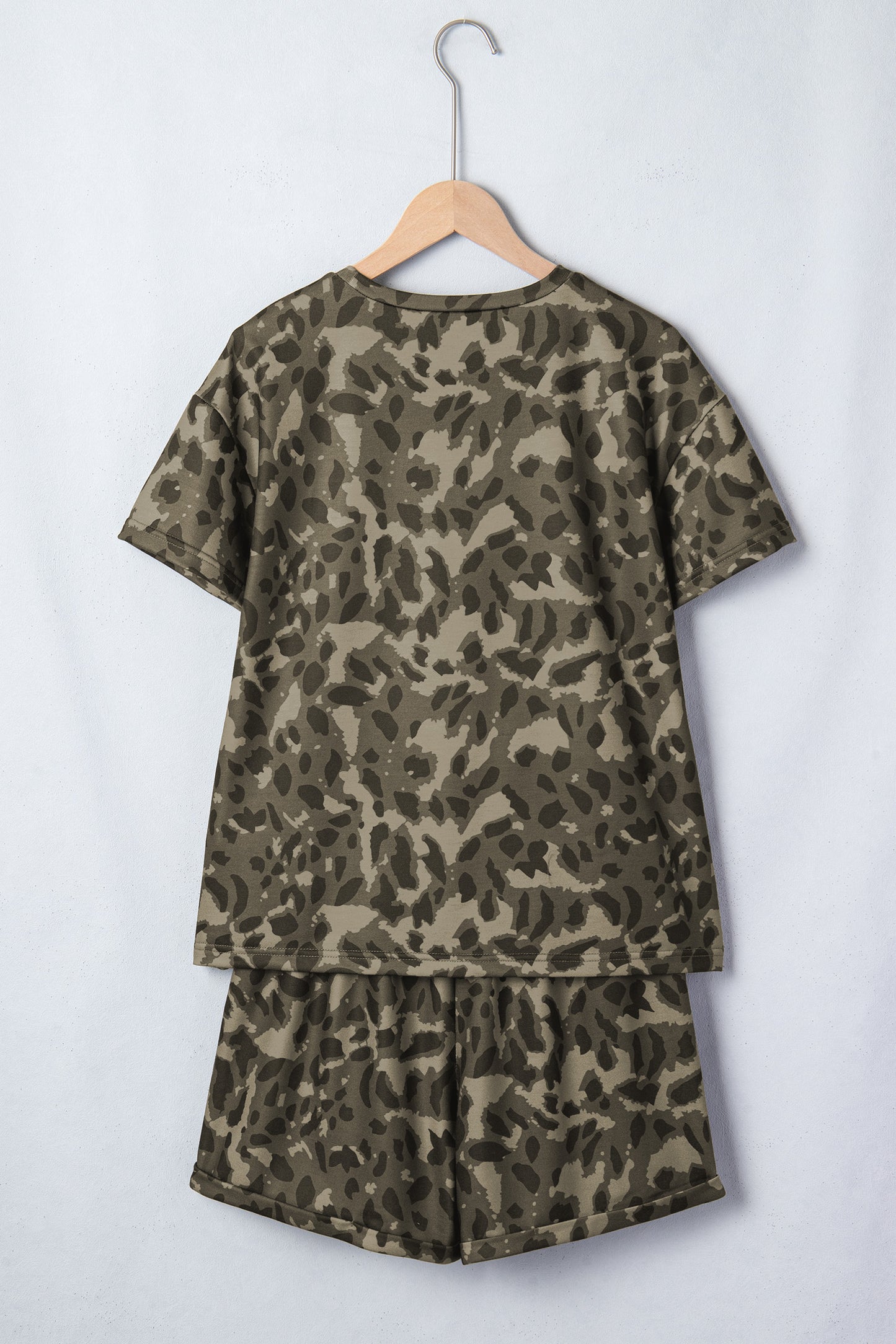 Brown Leopard Print Crew Neck Short Set - Snoopy's Closet