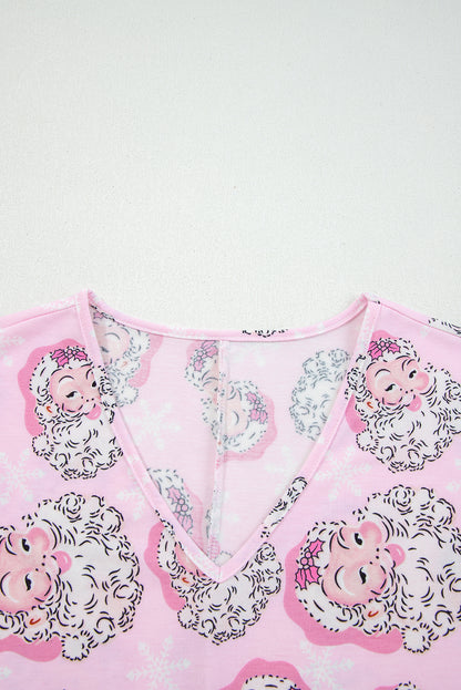 Pink Santa Claus Print V Neck Tee Drawstring Pants 2pcs Lounge Set - Snoopy's Closet