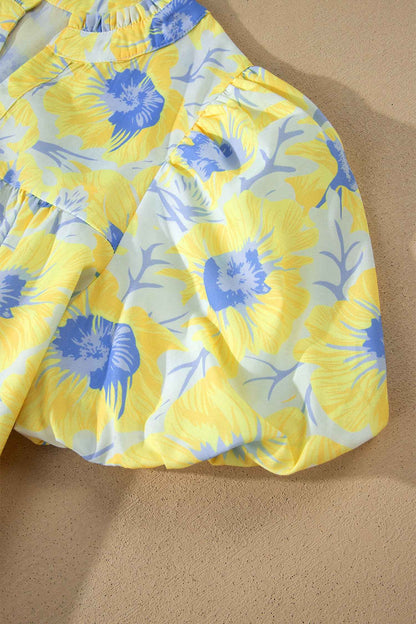 Green Short Bubble Sleeve Summer Floral Blouse
