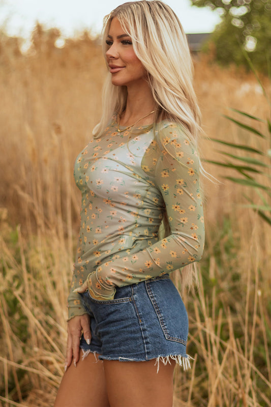 Top de malla de manga larga con estampado floral vintage verde laurel estilo sureño