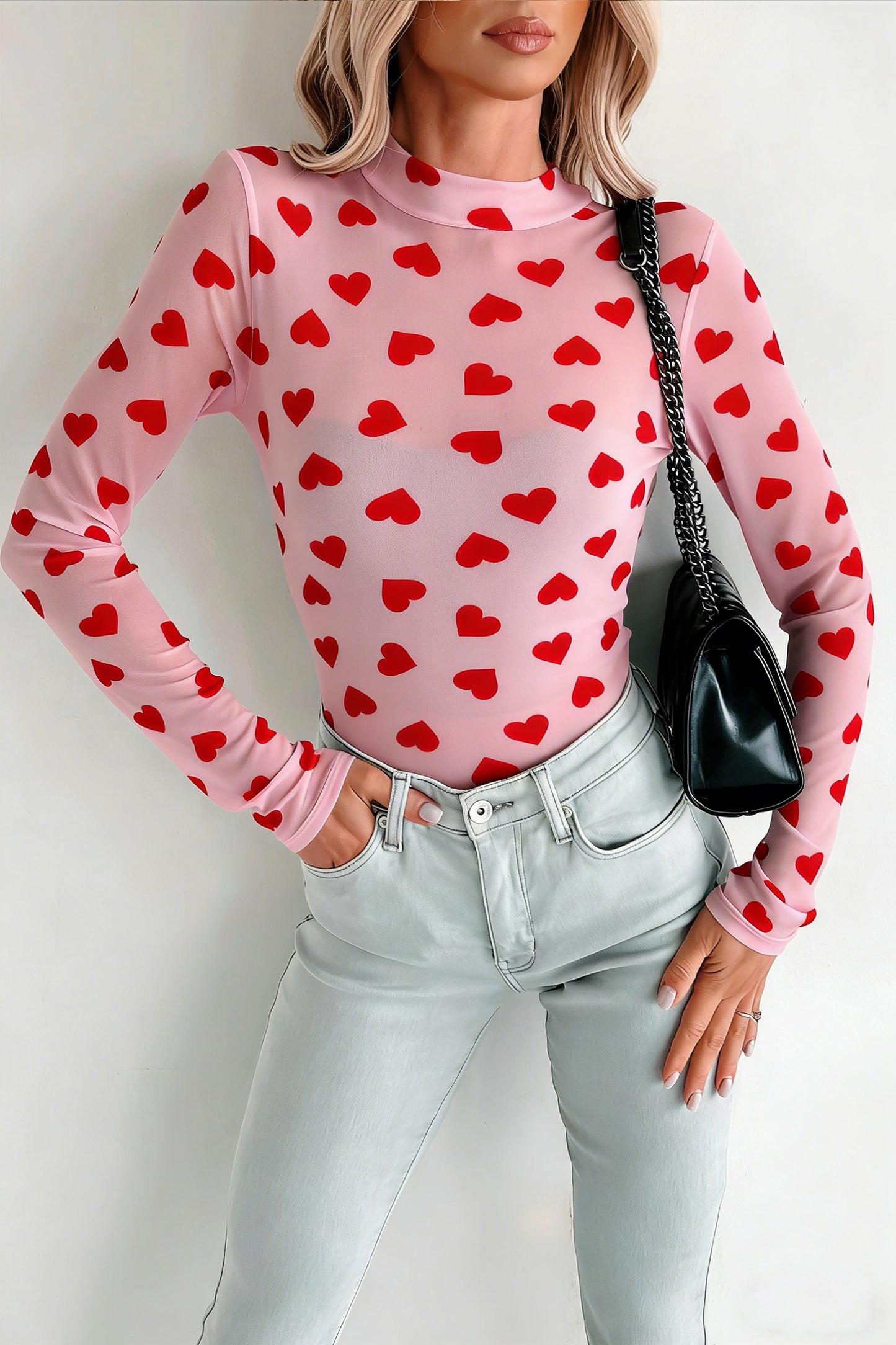 Pink Valentines Heart Printed Sheer Mesh Long Sleeve Top - Snoopy's Closet
