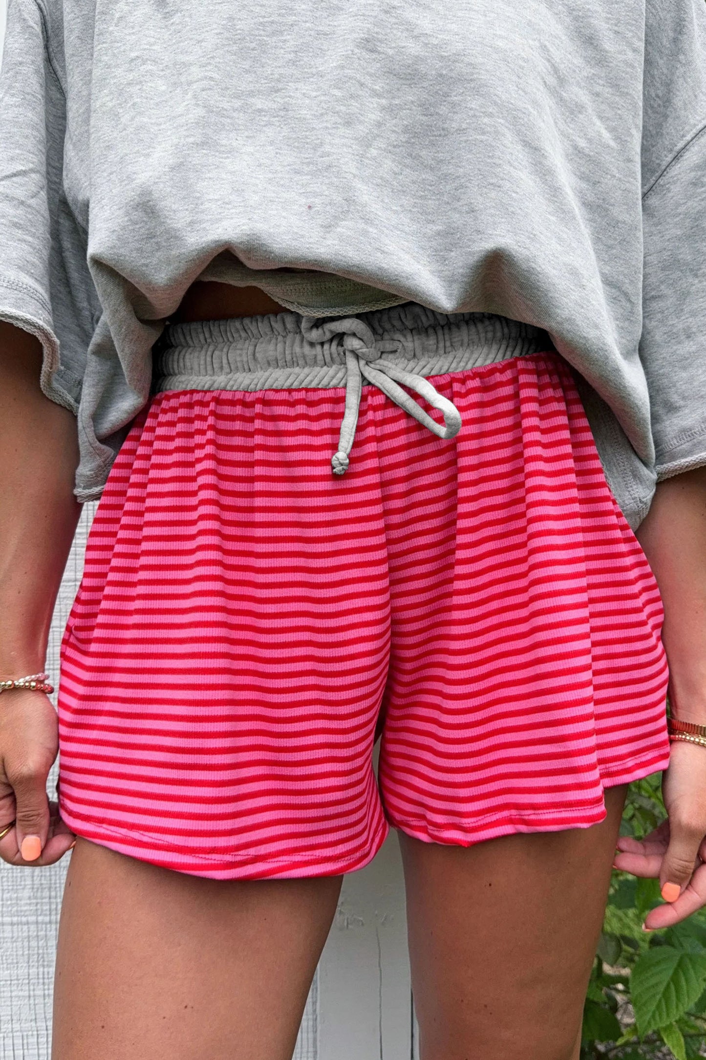 Rose Stripe Contrast Elastic Waist Casual Ribbed Shorts - Snoopy's Closet