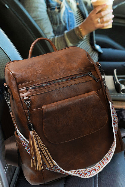 Dark Brown Tassel Decor Retro PU Large Capacity Backpack - Snoopy's Closet