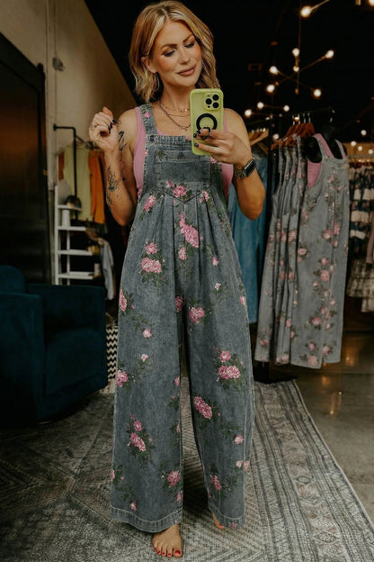 Mono vaquero de pierna ancha plisado de talle alto con estampado floral gris Beau