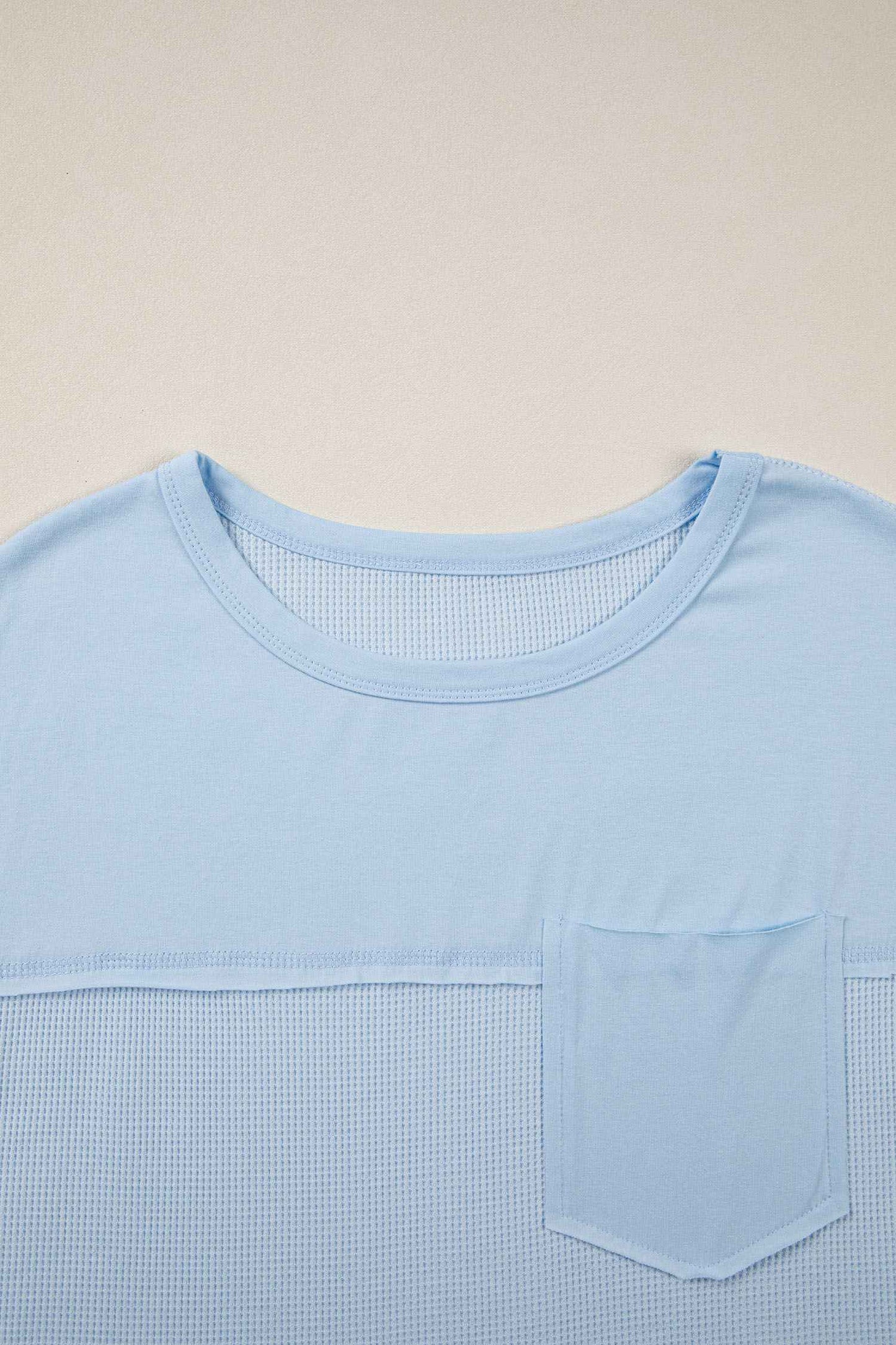 Pink Solid Color Raw Seam Waffled Patchwork Casual T Shirt