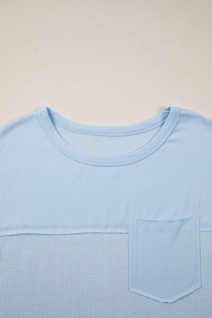 Pink Solid Color Raw Seam Waffled Patchwork Casual T Shirt