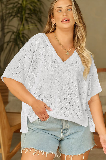Top suelto de punto calado blanco con escote de pico y rombos, talla grande