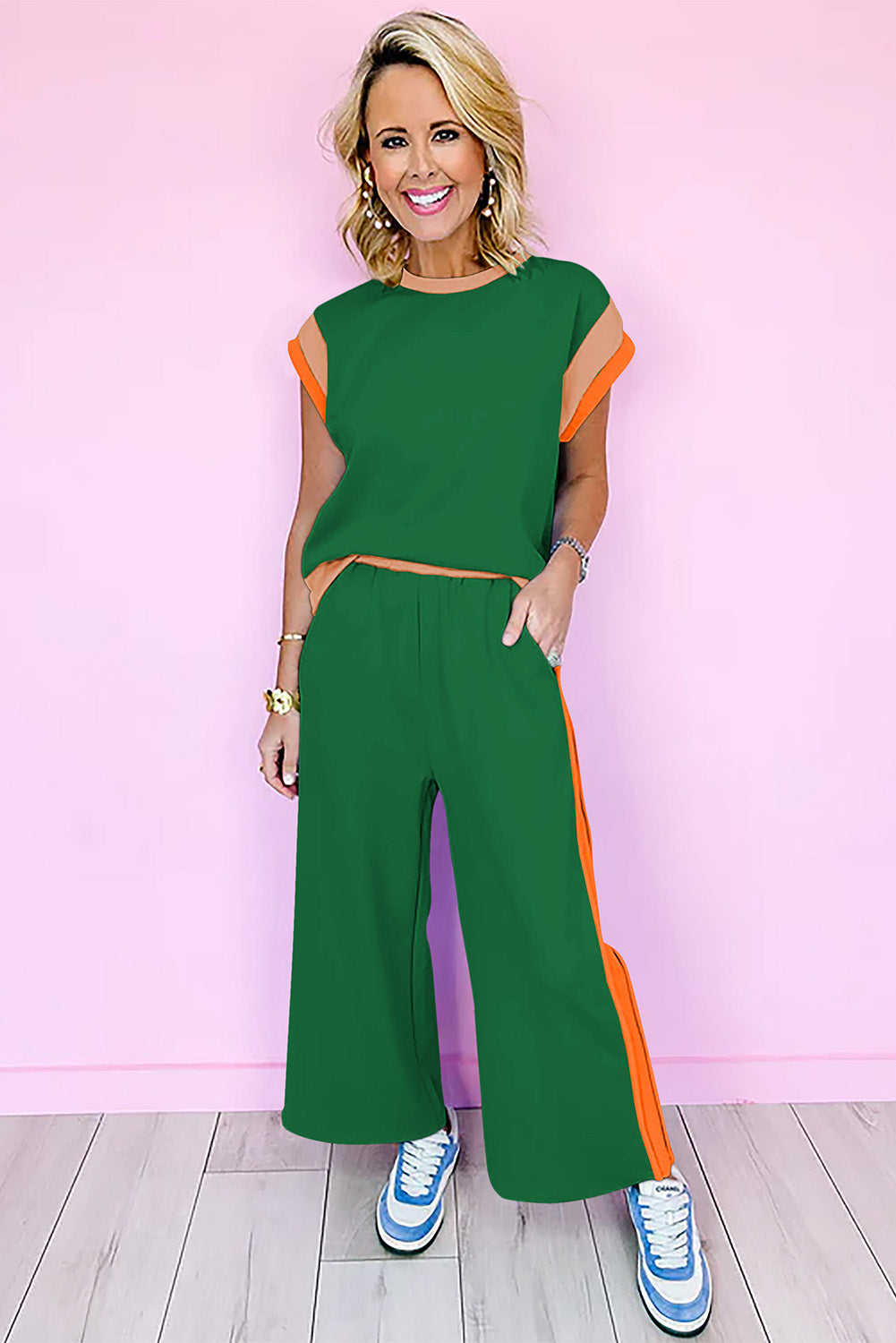 Dark Green Color Block Detail Casual Two-piece Set - Snoopy's Closet