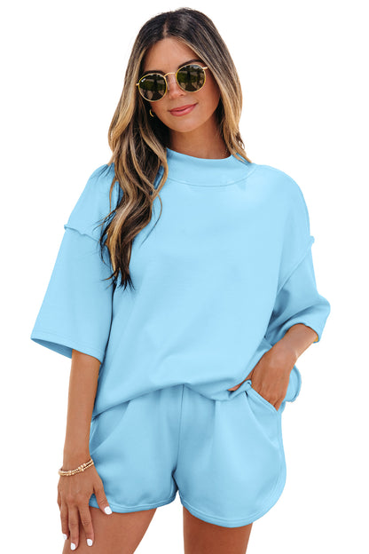 Moonlight Jade Solid Color Exposed Seam Mock Neck Oversize Tee Casual Shorts 2pcs Outfit - Snoopy's Closet