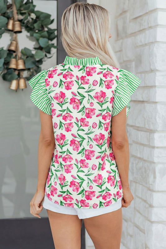 Blusa con escote en V, estampado floral dulce multicolor, y ribete a rayas con volantes