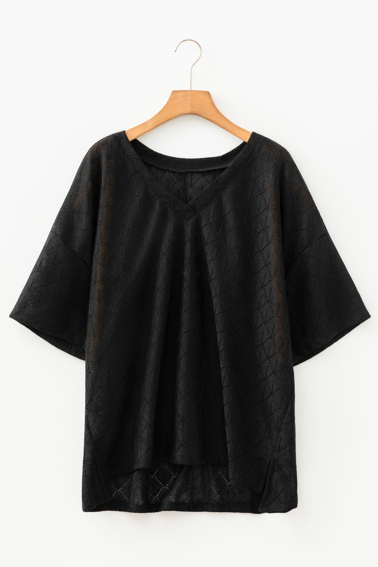 Top Holgado de Punto Calado Rombos con Cuello V Talla Grande Negro
