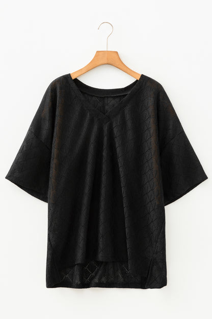 Top Holgado de Punto Calado Rombos con Cuello V Talla Grande Negro