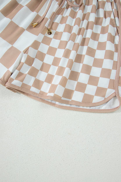 Khaki Double Checkered Print Beaded Drawstring Casual Shorts