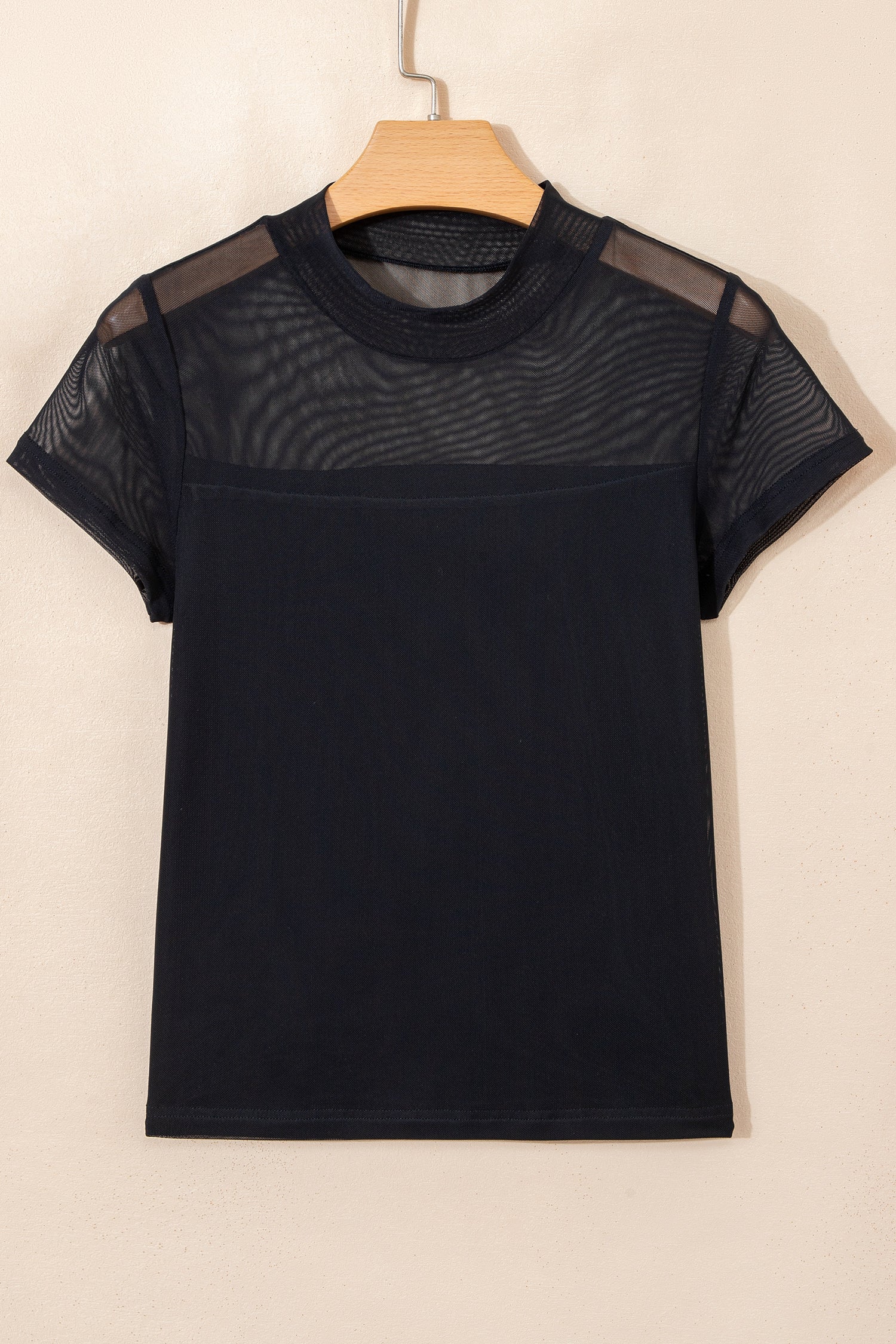 Black Sheer Mesh Patchwork Cap Sleeve T Shirt - Snoopy's Closet
