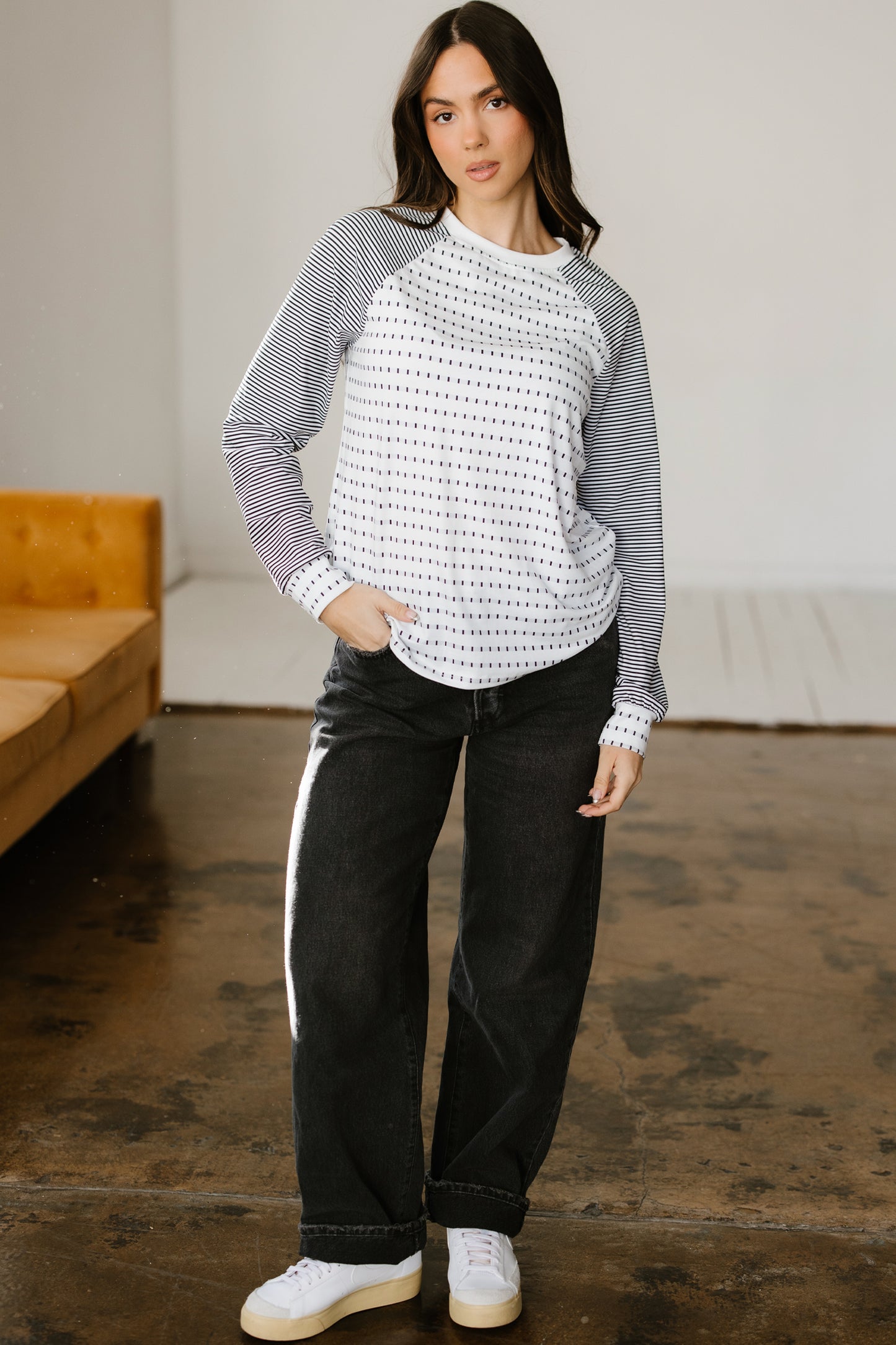 Black Stripe Raglan Patchwork Long Sleeve Tee - Snoopy's Closet