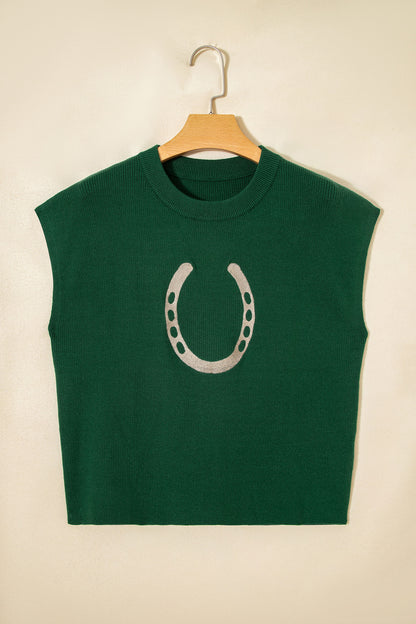 Blackish Green Horseshoe Graphic Western Short Sleeve Sweater - Snoopy's Closet