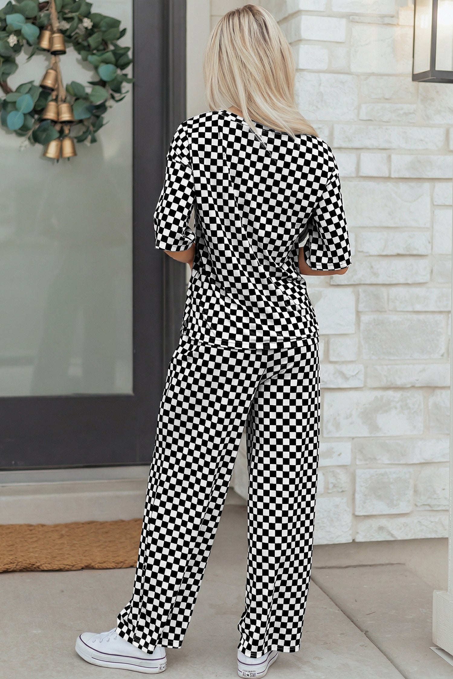 Khaki Checkered Print Half Sleeve Tee 2pcs Lounge Pant Set - Snoopy's Closet