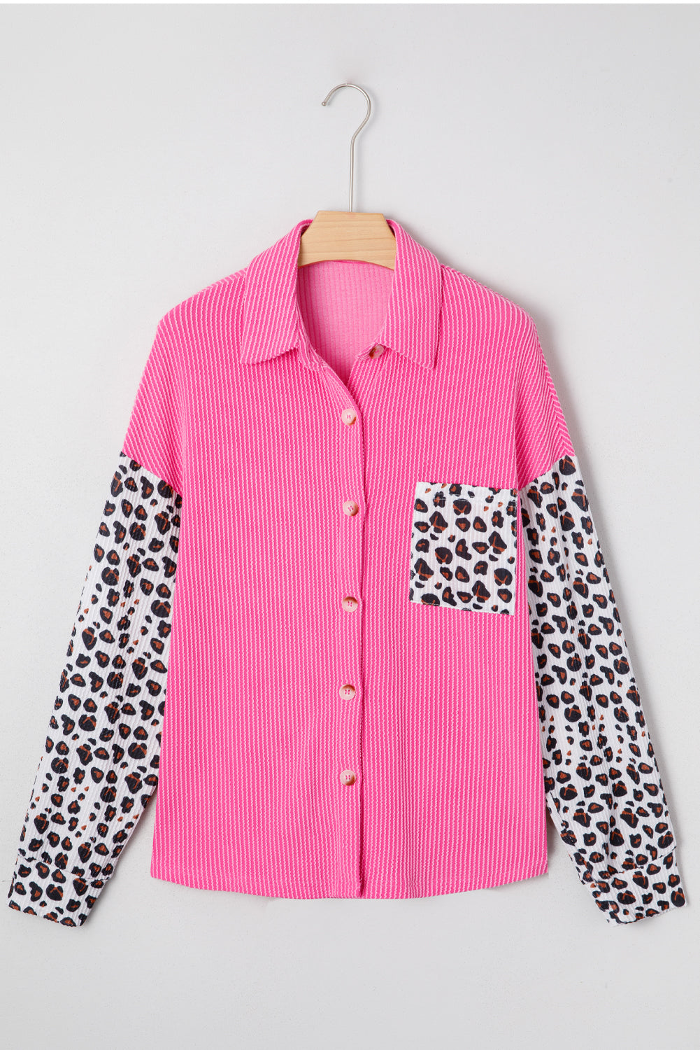 Chaqueta Estilo Camisa con Estampado de Leopardo Rojo Rosado y Acanalado Retorcido Occidental Casual